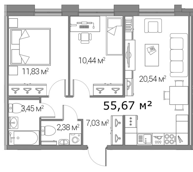 План квартиры 56 кв м двушка